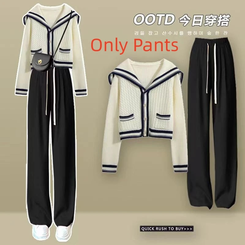 Knit Spring Preppy Style Sailor Collar Women Knitted Cardigan Elastic Wide Leg Pant Long Sleeve Korean Outfit Tracksuit Black-Pant