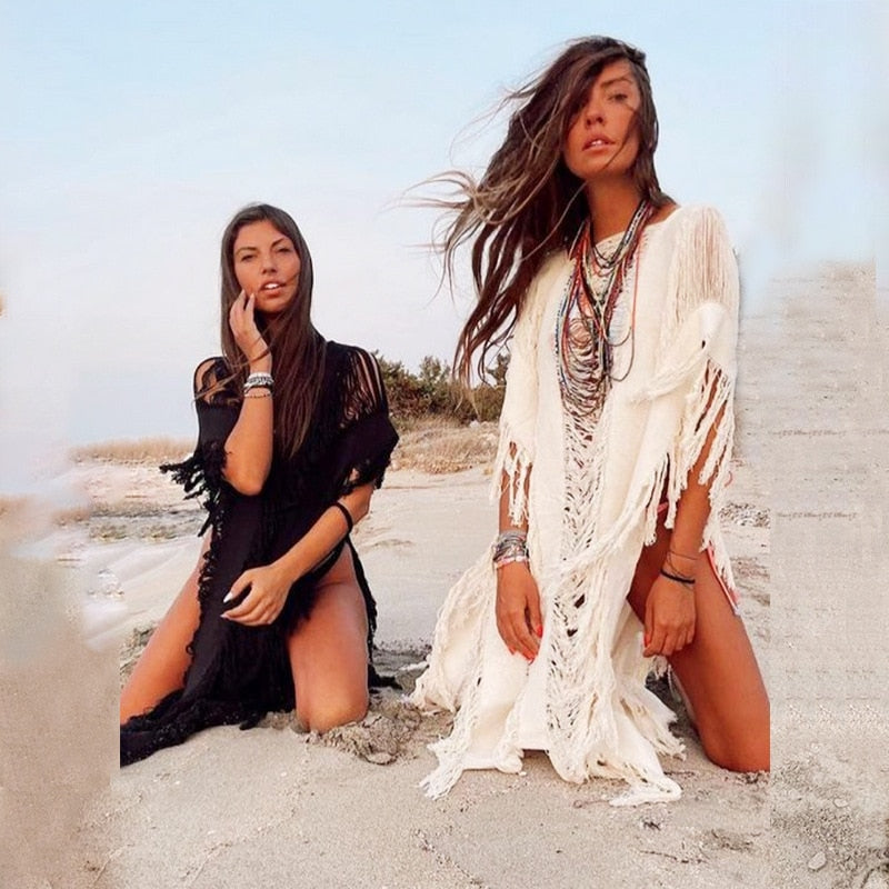 Knitted Beach Bikini Cover Ups Sleeveless Tassel Solid Cloak Dress - Summer Holiday Sexy Hollow Out Beach Bathing Vestidos