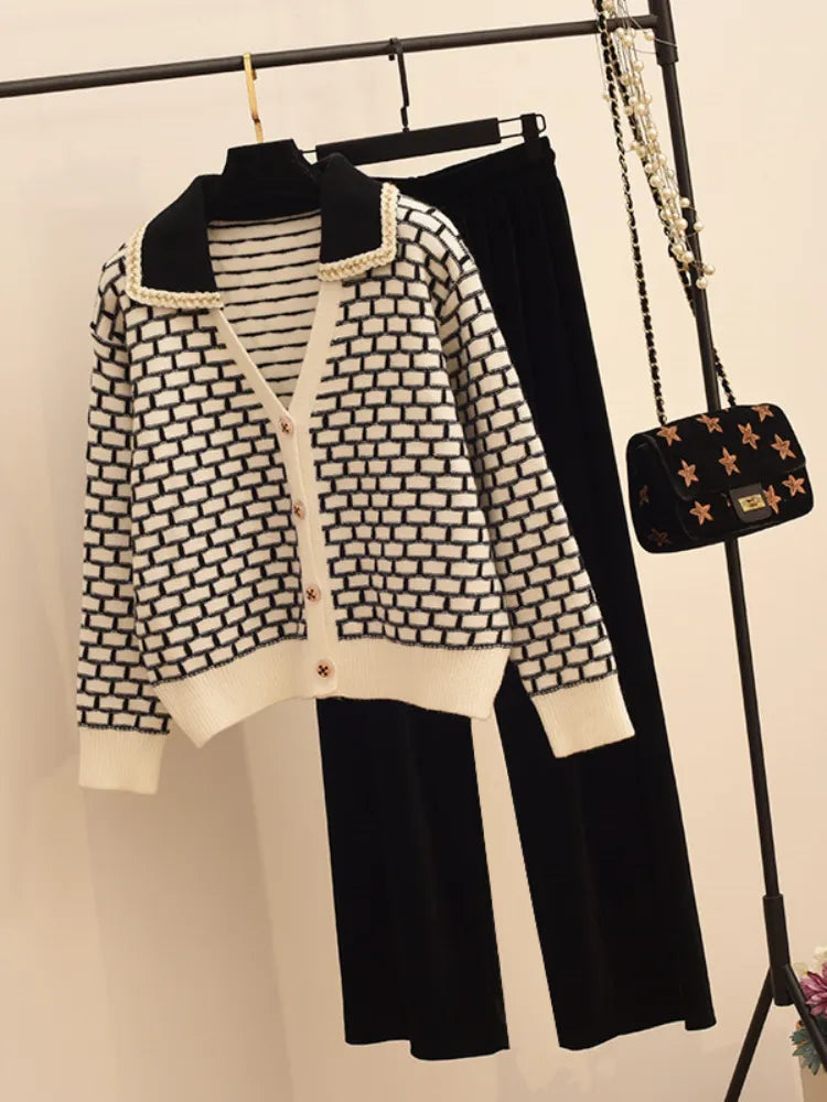 Knitted Elegant Sets Wide Leg Pant Sets Knitted Cardigan Set 2024 Autumn Korean Fashion Sweat-shirt 2 Piece Sets Womens Outifits White