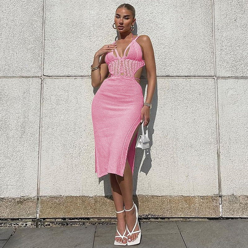Knitted Midi Summer Dress - Halter Backless Cut Out Crochet Beach Dress Hollow Out Bandage Night Club Party Dress Pink