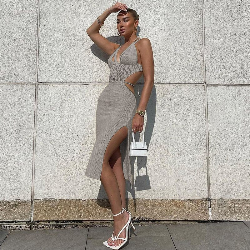 Knitted Midi Summer Dress - Halter Backless Cut Out Crochet Beach Dress Hollow Out Bandage Night Club Party Dress Gray