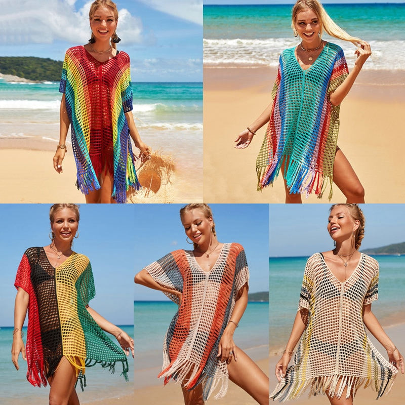 Knitted Rainbow Crochet Dress Knit Beach Cover Up Short Sleeve Tassel Tunic Women Fashion New Beachwear Swimsuits 16 Colors