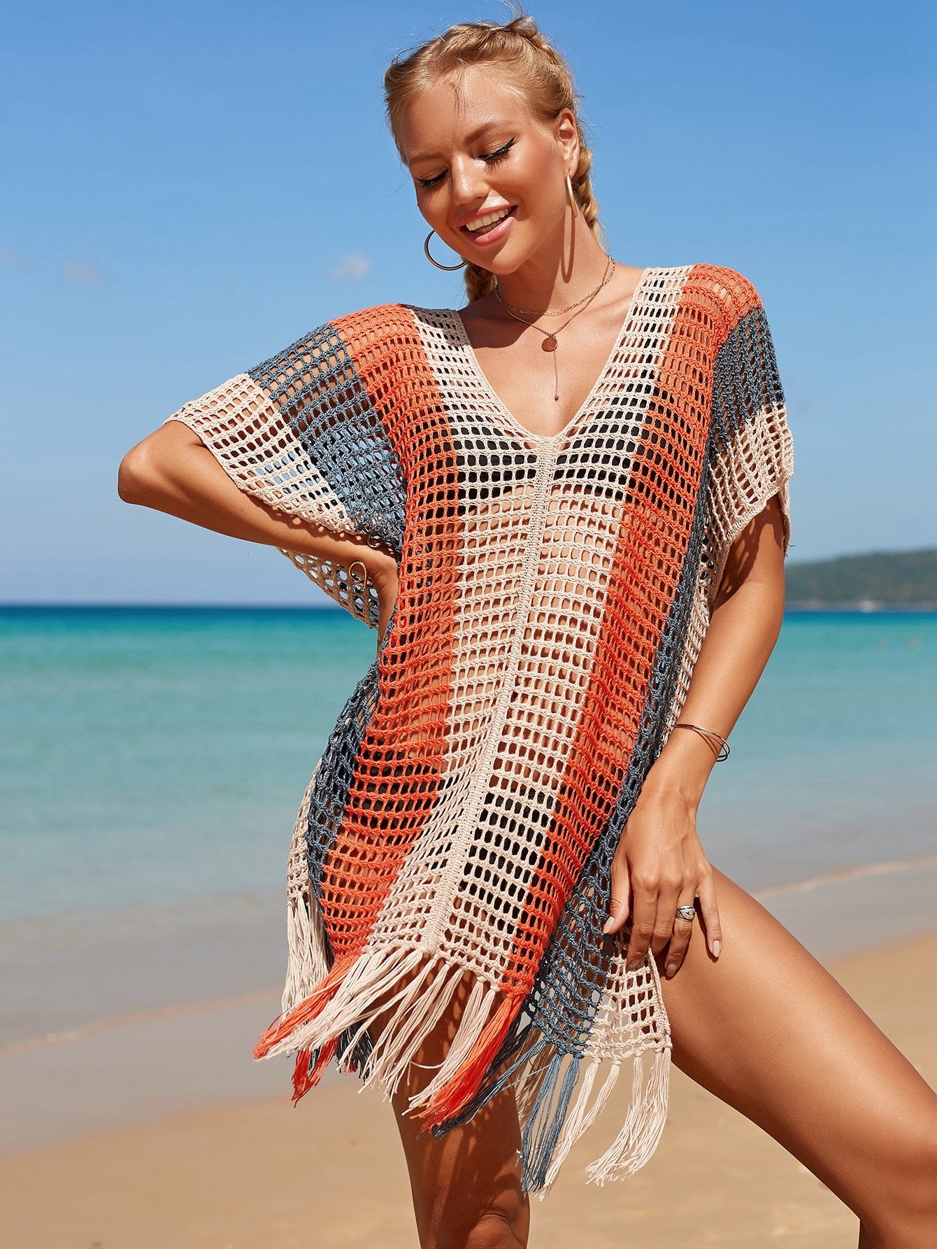 Knitted Rainbow Crochet Dress Knit Beach Cover Up Short Sleeve Tassel Tunic Women Fashion New Beachwear Swimsuits 16 Colors Style-4 One Size