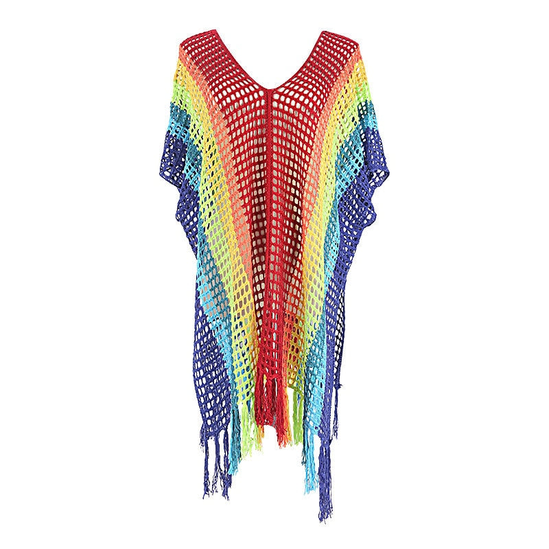 Knitted Rainbow Crochet Dress Knit Beach Cover Up Short Sleeve Tassel Tunic Women Fashion New Beachwear Swimsuits 16 Colors