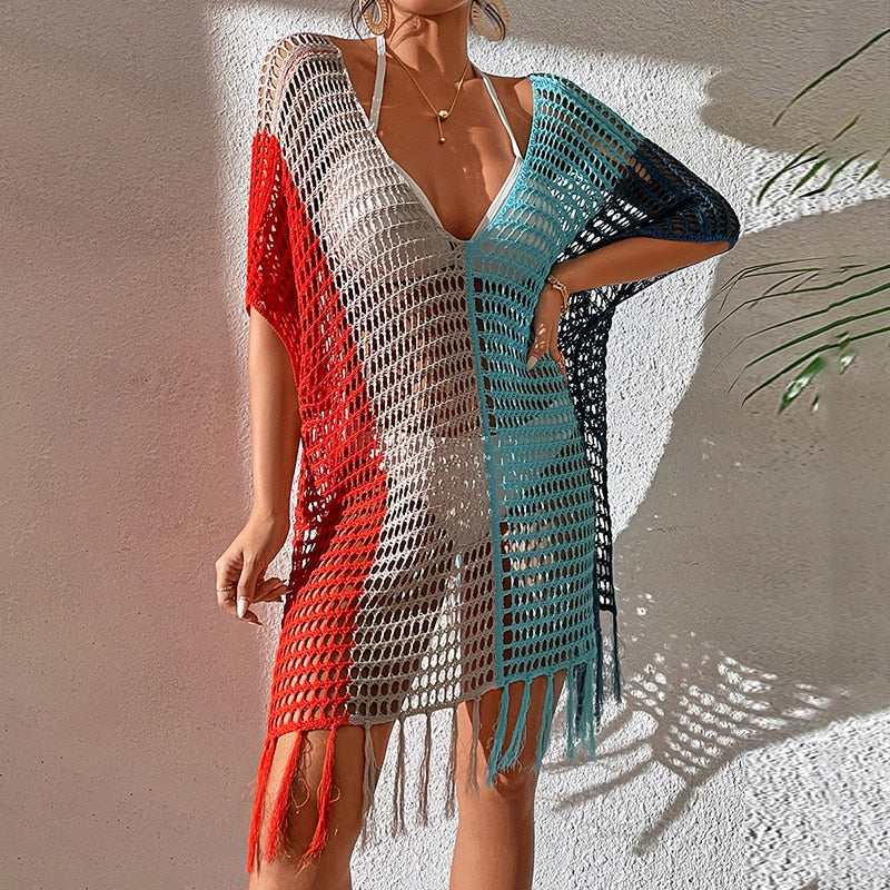 Knitted Rainbow Crochet Dress Knit Beach Cover Up Short Sleeve Tassel Tunic Women Fashion New Beachwear Swimsuits 16 Colors Style-12 One Size