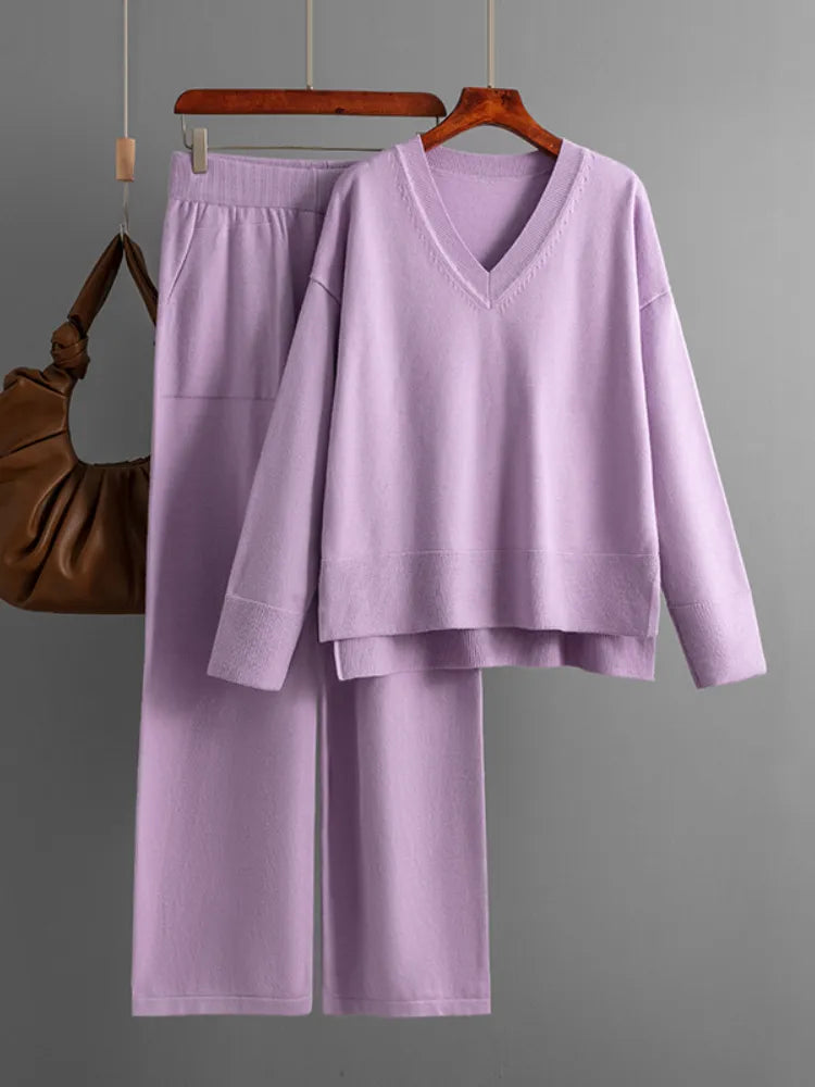 Knitted Sweater 2 Peice Set Women Winter Autumn Warm V-Neck Pullover Straight Jogging Pant Suits Casual Oversize Tracksuit Women Purple
