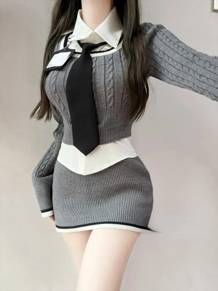 Knitted Sweater 3 Piece Set Skirt Woman White Shirt + Y2k Crop Tops + Slim Bodycon Fashion Mini Skirt Girls Korean Suit 2024 New