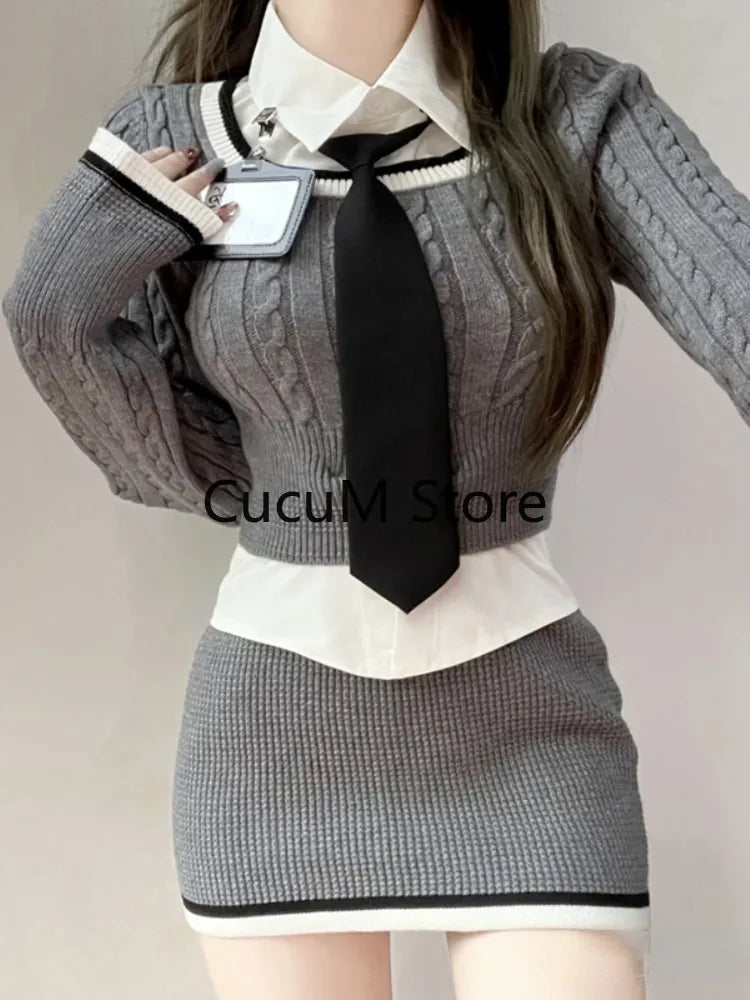 Knitted Sweater 3 Piece Set Skirt Woman White Shirt + Y2k Crop Tops + Slim Bodycon Fashion Mini Skirt Girls Korean Suit 2024 New