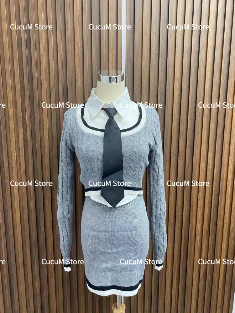 Knitted Sweater 3 Piece Set Skirt Woman White Shirt + Y2k Crop Tops + Slim Bodycon Fashion Mini Skirt Girls Korean Suit 2024 New