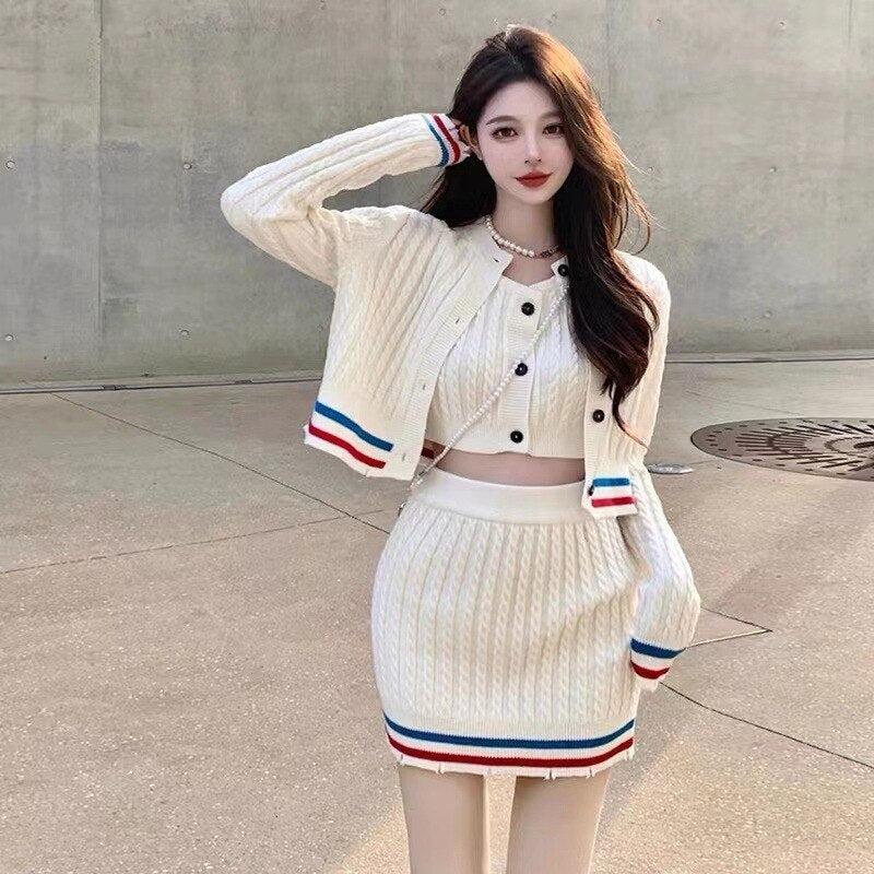 Knitted Sweater 3 Piece Sets Women Elegant Casual Sexy Sweater Skirt Set Female Korean Fashion Cardigan Kawaii Skirt Suit Woman