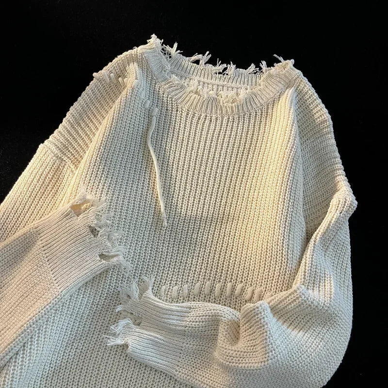 Knitted Sweaters Autumn Winter Ripped O-neck Causal Loose High Street Knitted Sweater Men Pullovers Male Clothes Beige