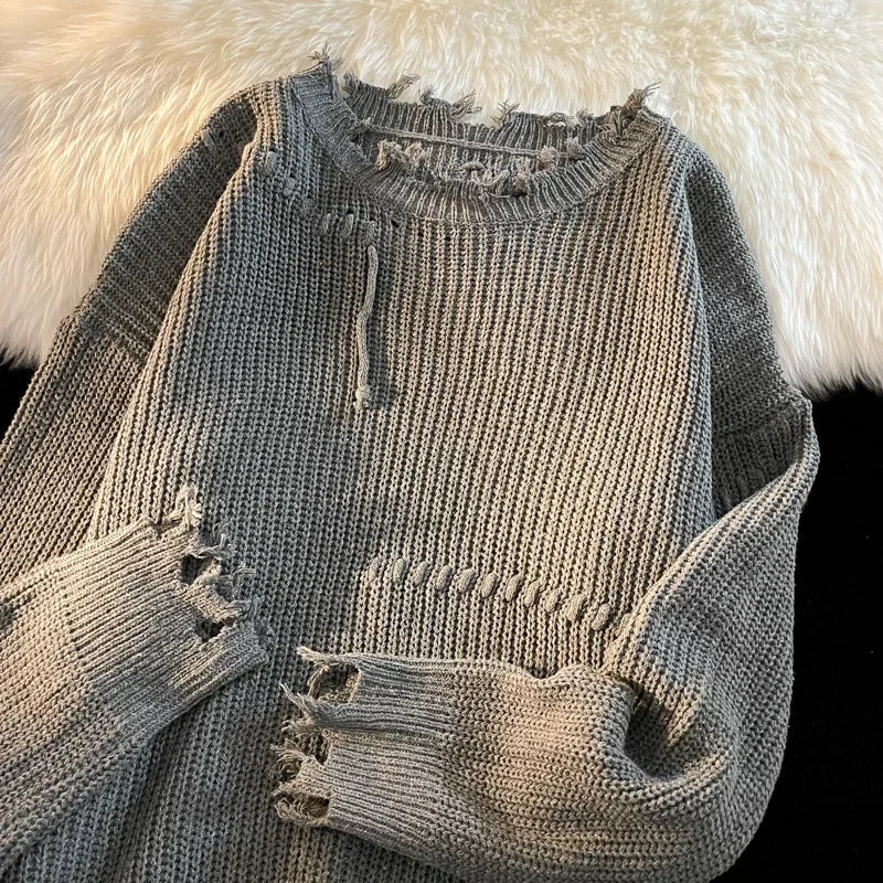 Knitted Sweaters Autumn Winter Ripped O-neck Causal Loose High Street Knitted Sweater Men Pullovers Male Clothes GRAY