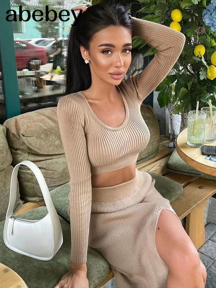 Knitted Winter Women Sexy Sweater Skirt Suit Y2K Fashion Long Sleeve Crop Tops And Long Split Skirt Dress Two Piece Sets