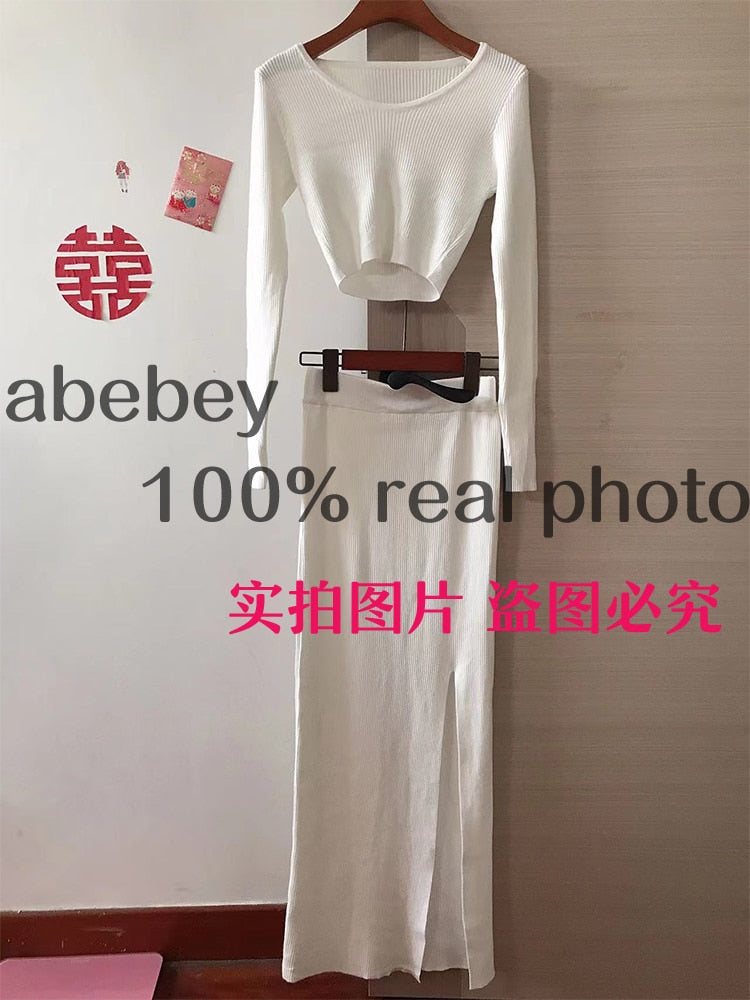 Knitted Winter Women Sexy Sweater Skirt Suit Y2K Fashion Long Sleeve Crop Tops And Long Split Skirt Dress Two Piece Sets White
