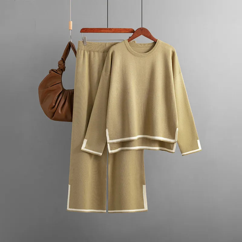 Knitted Women's Trousers Suit Two Piece Set Green Winter Loose Long Sleeve Knitwear Flare Pants Sets Female Casual Suits Khaki One Size