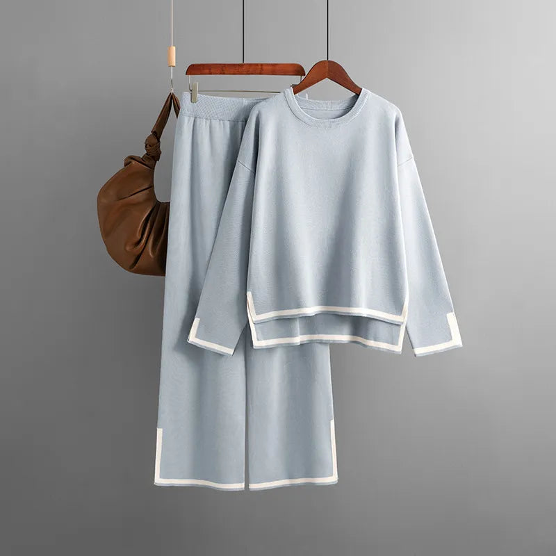 Knitted Women's Trousers Suit Two Piece Set Green Winter Loose Long Sleeve Knitwear Flare Pants Sets Female Casual Suits Gray One Size