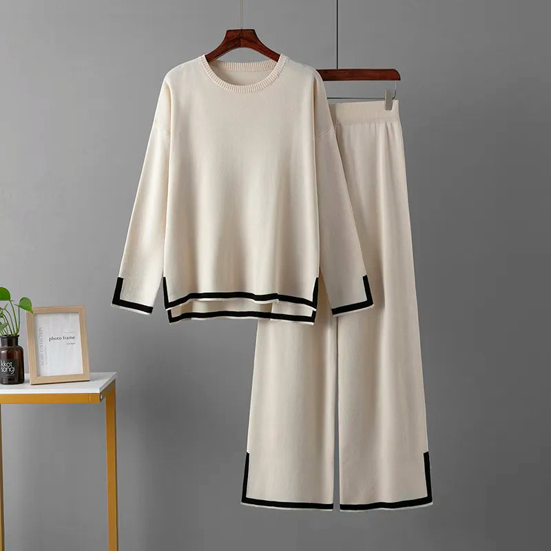 Knitted Women's Trousers Suit Two Piece Set Green Winter Loose Long Sleeve Knitwear Flare Pants Sets Female Casual Suits Beige One Size
