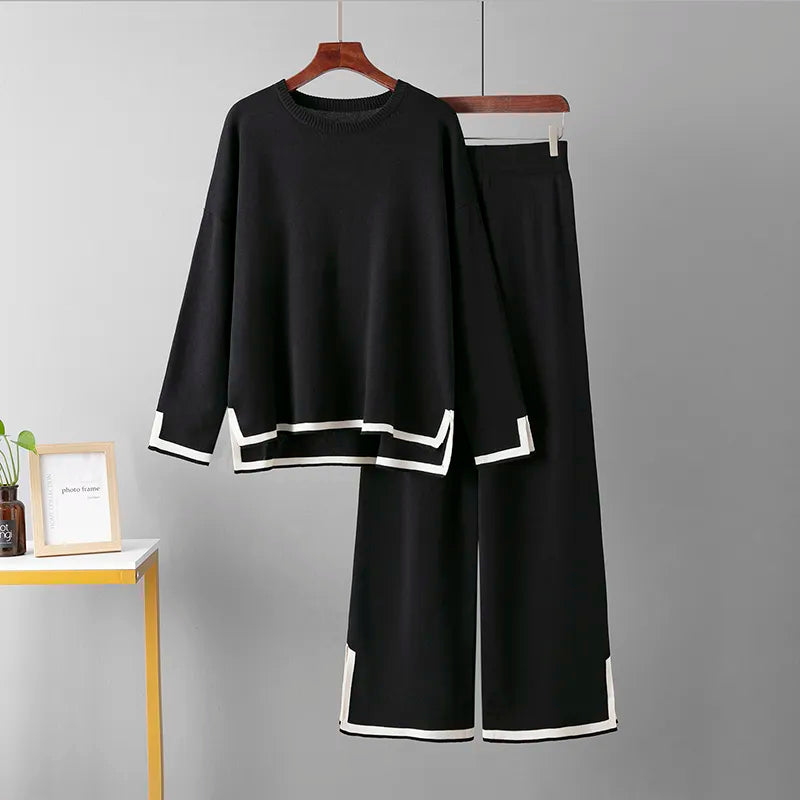 Knitted Women's Trousers Suit Two Piece Set Green Winter Loose Long Sleeve Knitwear Flare Pants Sets Female Casual Suits Black One Size