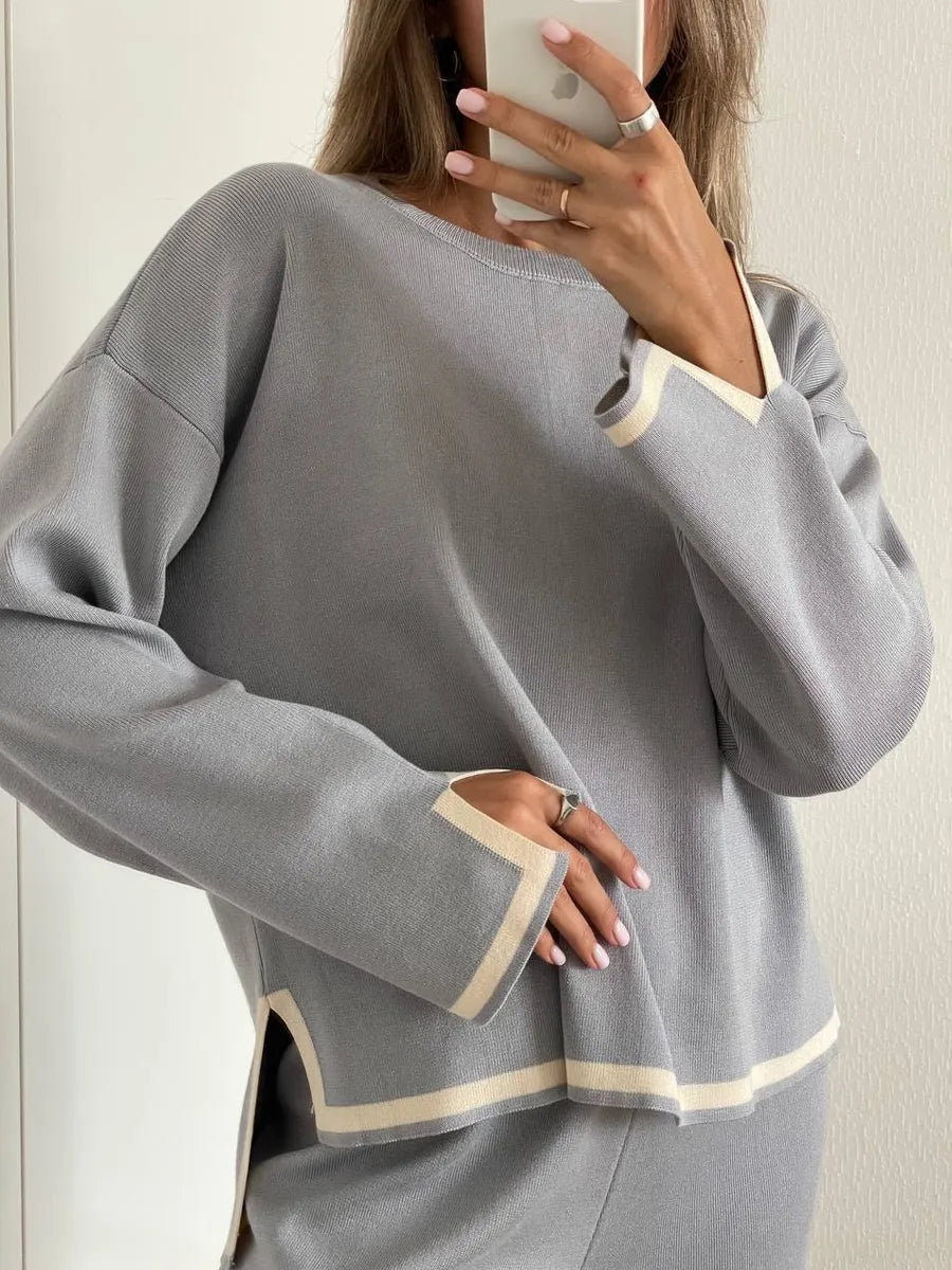 Knitted Women's Trousers Suit Two Piece Set Green Winter Loose Long Sleeve Knitwear Flare Pants Sets Female Casual Suits