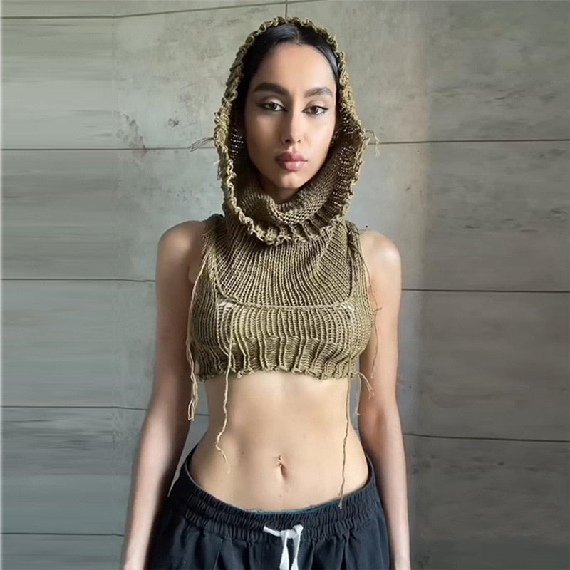 Knitted Y2k Hooded Crop Top Women Summer Sleeveless Off Shoulder T Shirt Top 2024 Hooded Tee Street Wear Fashion White Yuqung