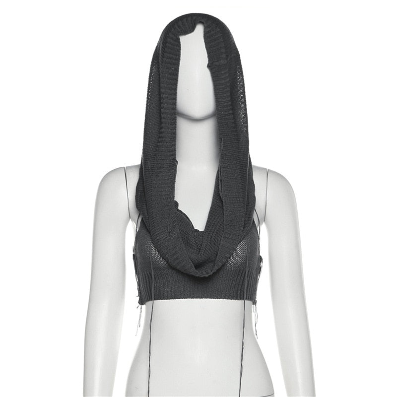 Knitted Y2k Hooded Crop Top Women Summer Sleeveless Off Shoulder T Shirt Top 2024 Hooded Tee Street Wear Fashion White Yuqung