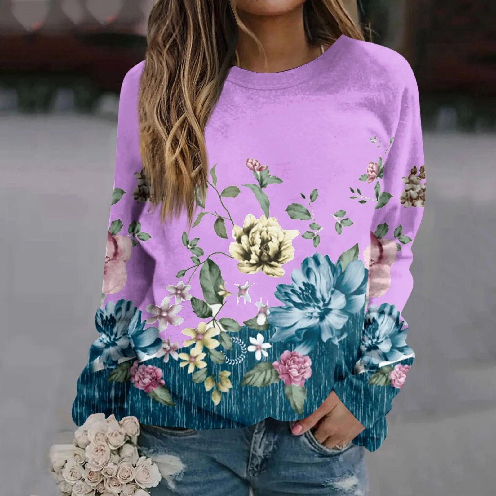 Korean Autumn Clothes Unique Round Neck Women Pullover Winter 2024 Casual Long Sleeves Women Sweatshirts Streetwear Purple