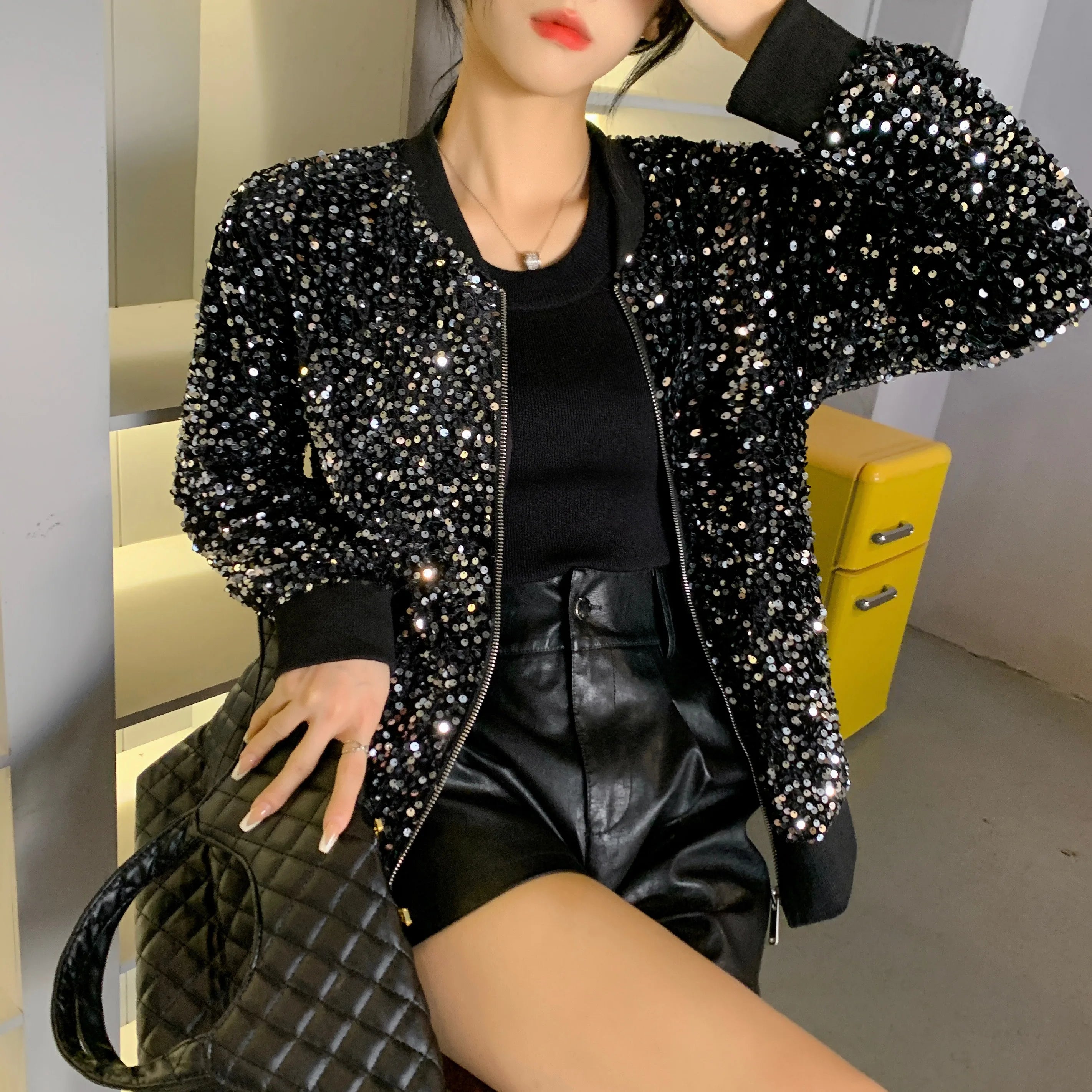 Korean Clothes Sequins Coat Sexy Zipper Shiny Jacket Bling Bling Women's Tops Long Sleeve Hand Made Bright Party Outerwear 2163 Silver One Size