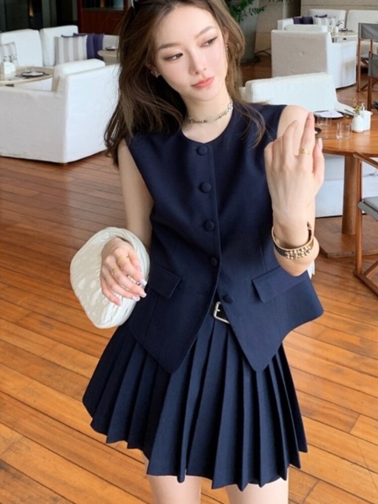 Korean Fashion Summer Pleated Skirt 2 Piece Set Women Elegant Sleeveless Button Tops+Wide Leg Pants Suits Y2k Casual Outfits blue skirt set