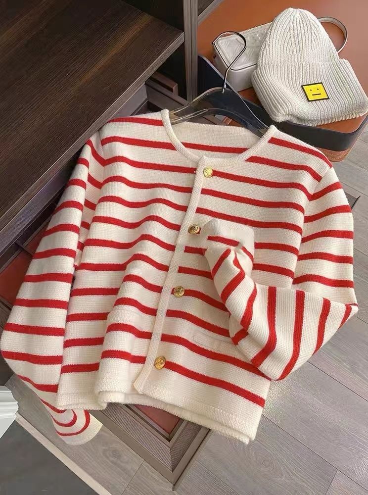 Korean Fashion Sweater Cardigan White Black Striped Knitted Sweater Women 2024 Winter Short Cardigan Long Sleeve Cardigan Female Red