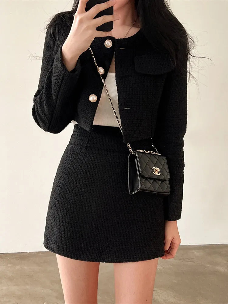 Korean Fashion Tweed 2 Two Piece Set Womens Outfits Autumn Long Sleeve Short Jacket + A-line Mini Skirt Suits Vintage Black 2 piece set