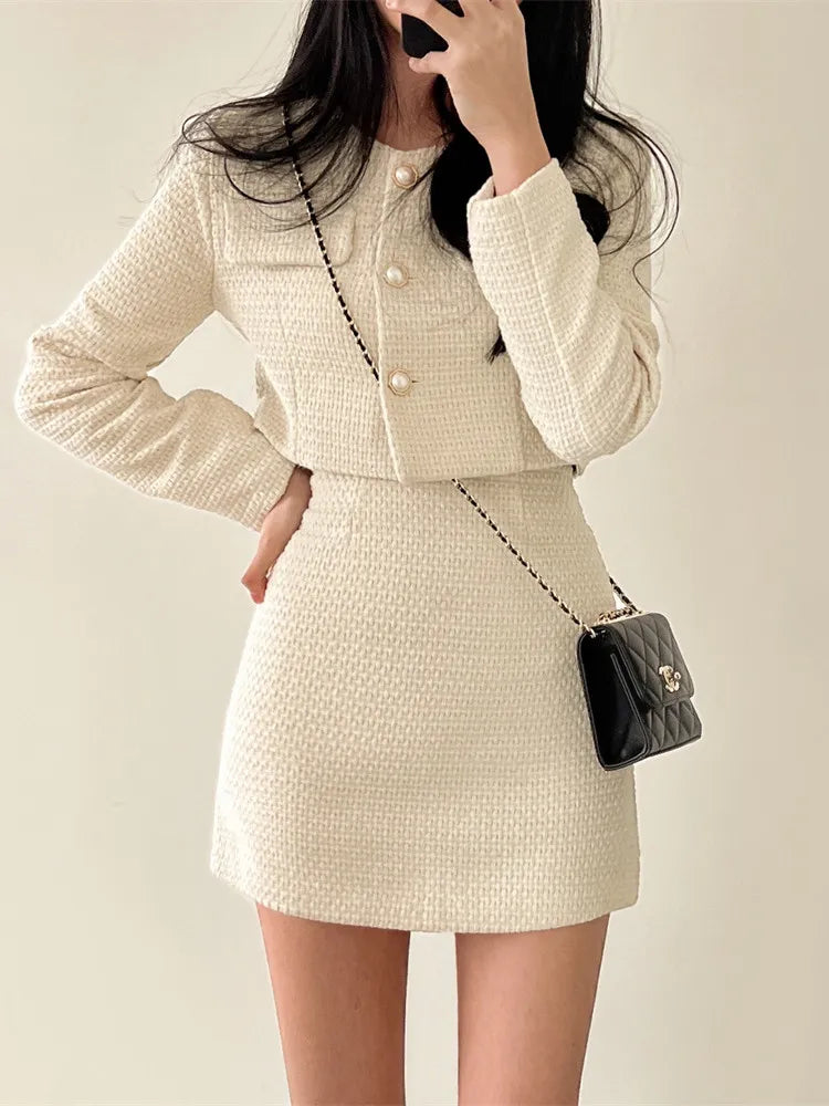 Korean Fashion Tweed 2 Two Piece Set Womens Outfits Autumn Long Sleeve Short Jacket + A-line Mini Skirt Suits Vintage Beige 2 piece set