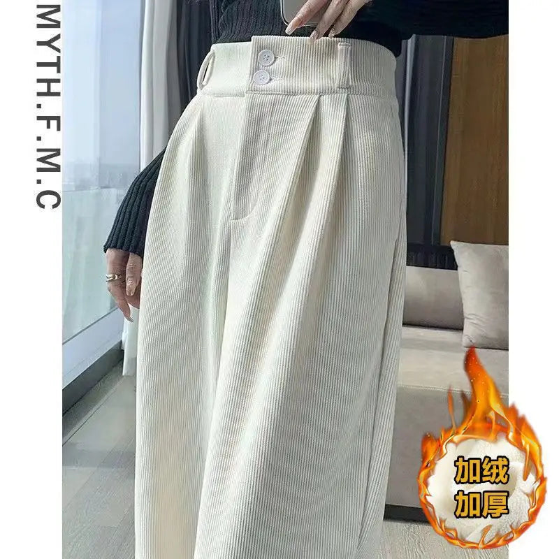 Korean Fashion Women's Pants Winter Plus Velvet Wide Leg Pants Casual Woman Pant High Waist Straight Women Loose Trousers