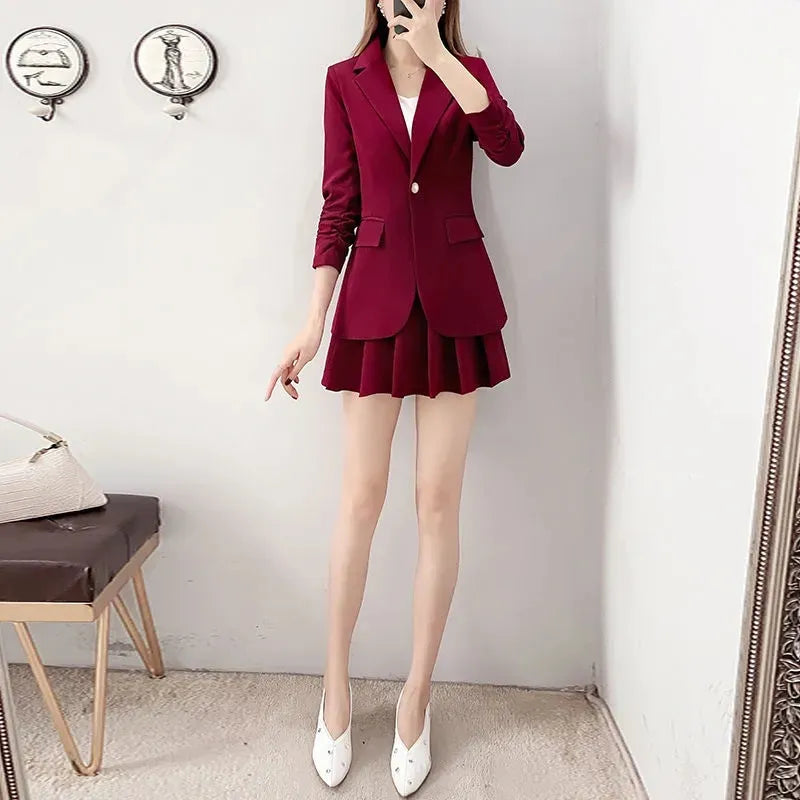 Korean Mini Pleated Skirts 2 Piece Set Thin Elegant Unlined Blazer Jacket And A-line Skirt Chic Suit Women Spring Autumn Outfits