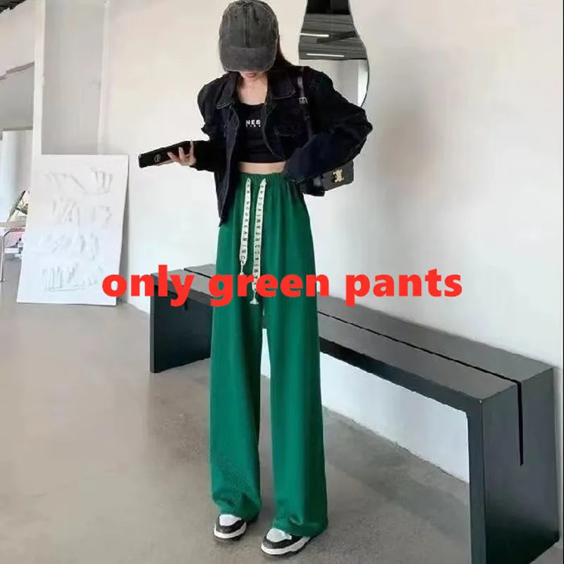 Korean Popular Autumn New Loose Knitted Sweater White Shirt Wide Leg Trousers Three Piece Elegant Women's Pants Set only green pants
