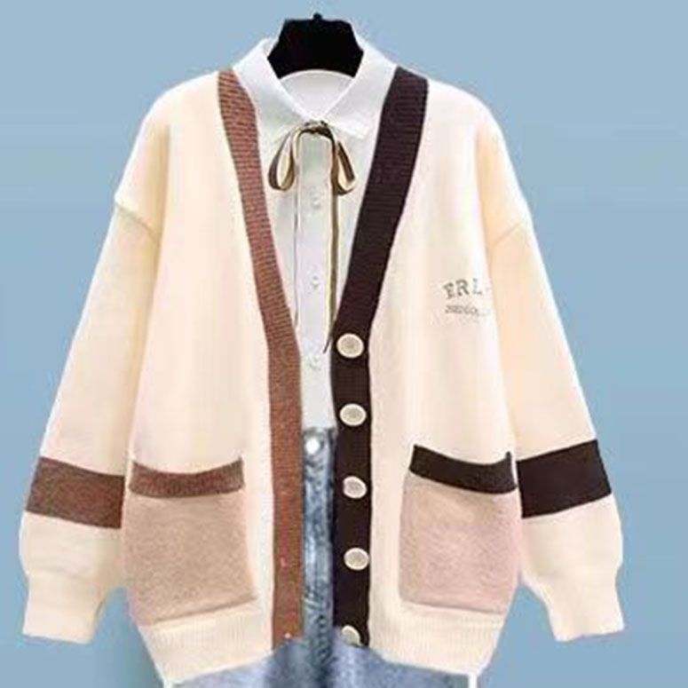 Korean Style Loose Knit Sweater Cardigan White Shirt Blouse Casual Pants Three Piece Elegant Women's Pants Set Winter Outfits blouse and sweater 2