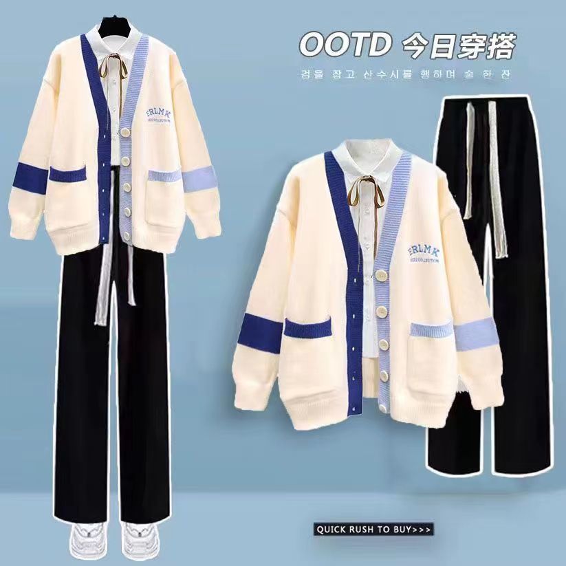 Korean Style Loose Knit Sweater Cardigan White Shirt Blouse Casual Pants Three Piece Elegant Women's Pants Set Winter Outfits 3pcs set 03