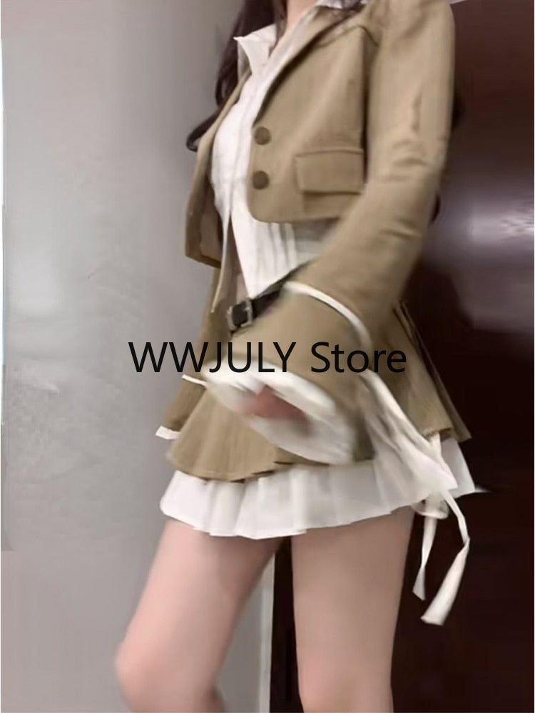 Korean Style Suit Preppy Elegant 3 Piece Set Skirt Woman Khaki Short Blazers + Casual Shirt + Fashion Y2k Mini Skirt 2024 Autumn