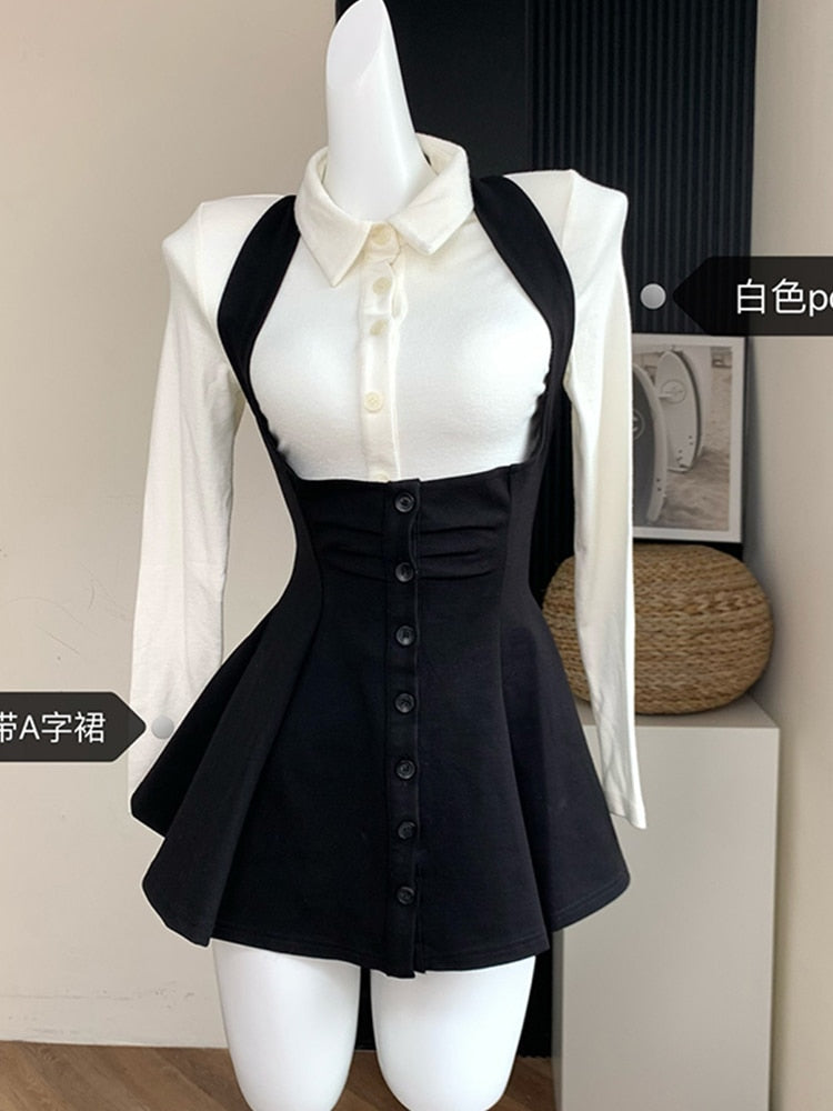 Korean Y2k Two Piece Sets Fall Outfits Office Women Skirt Sets Lapel Cardigan Crop Tops + Suspender Mini Skirt Elegante Clothes Black