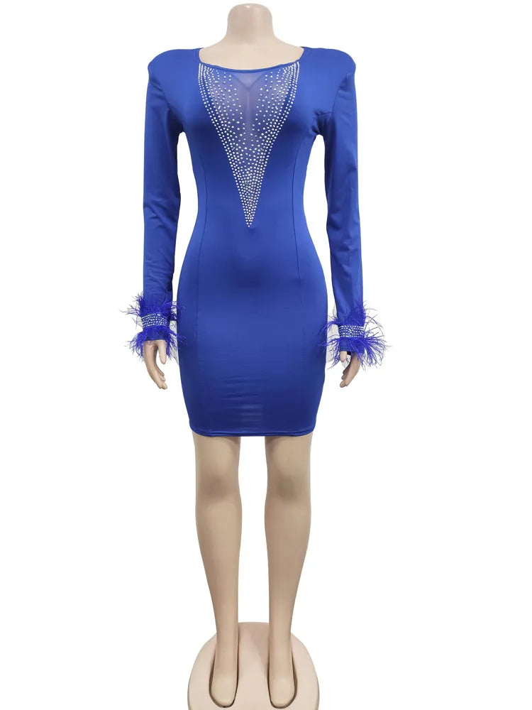 Kricesseen Sexy White Mesh Patchwork Skinny Mini Dress Women Feather Long Sleeve See Through Bodycon Birthday Clubwear Dress Blue