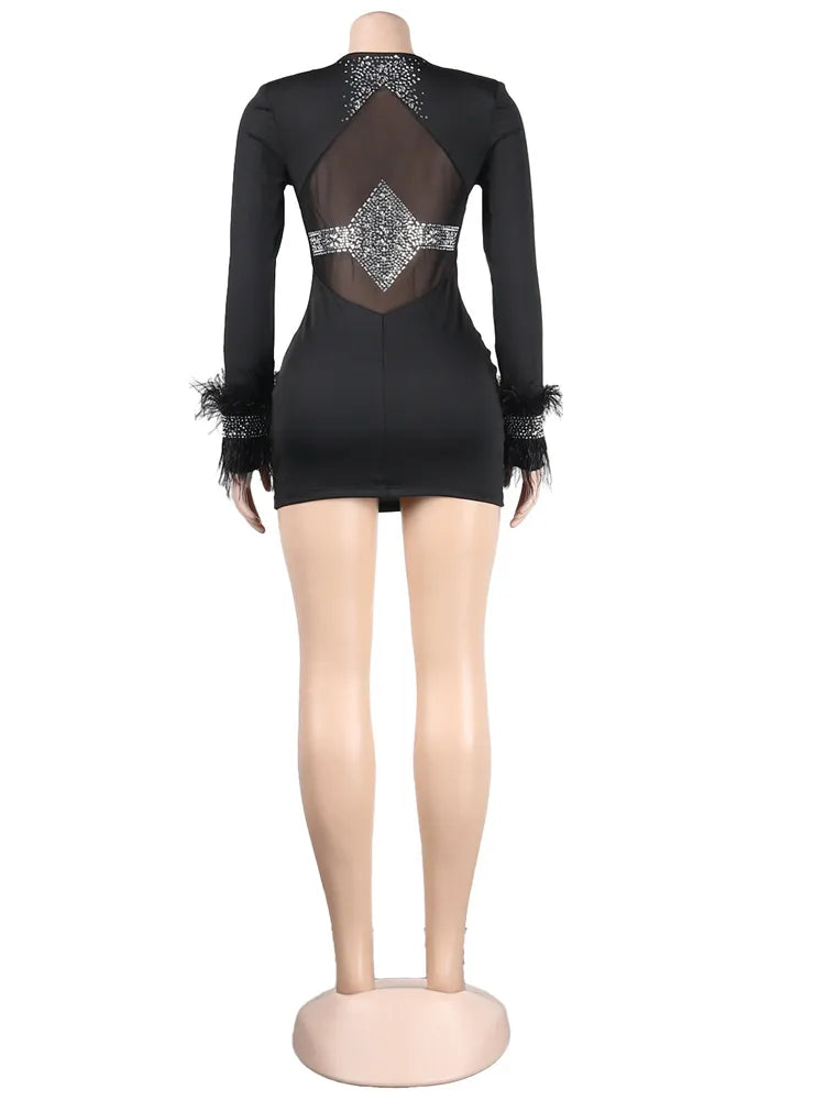 Kricesseen Sexy White Mesh Patchwork Skinny Mini Dress Women Feather Long Sleeve See Through Bodycon Birthday Clubwear Dress