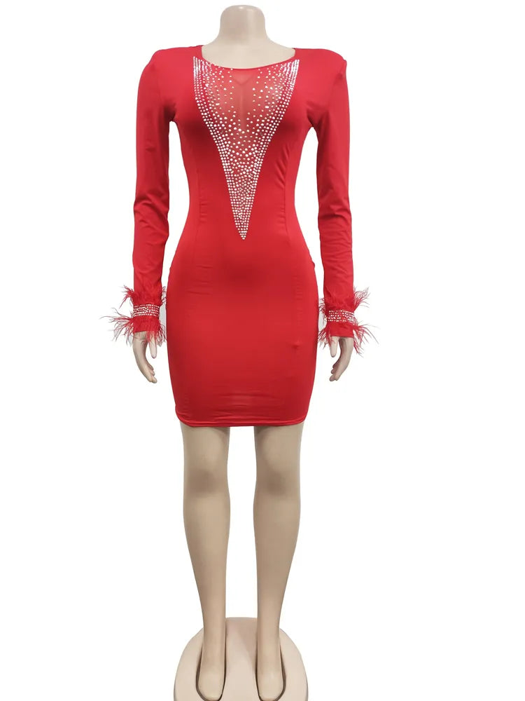 Kricesseen Sexy White Mesh Patchwork Skinny Mini Dress Women Feather Long Sleeve See Through Bodycon Birthday Clubwear Dress Red