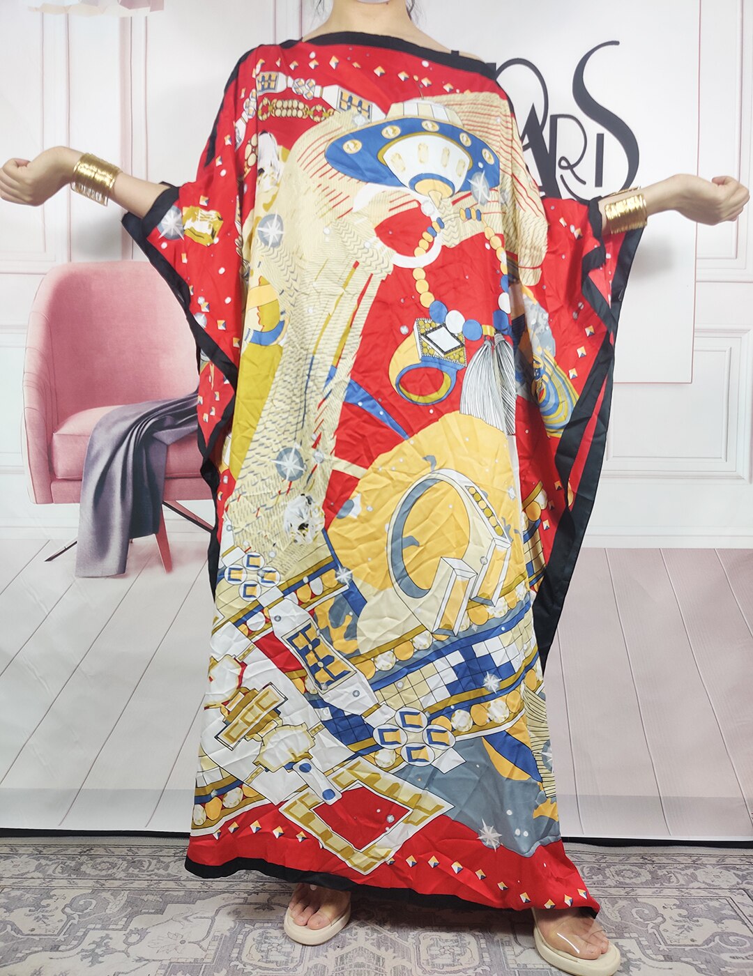 Kuwait Fashion - 2024 Summer Boho Loose Silk Kaftan Maxi Dress Oversized African Muslim Lady Abaya color4 One Size