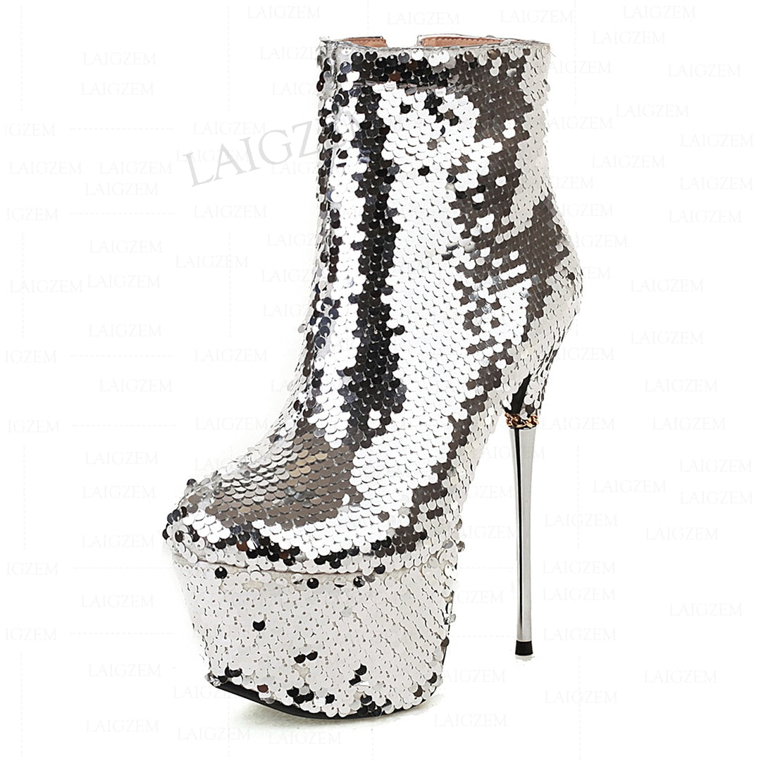 LAIGZEM Women Ankle Boots Side Zip Bling Glitter Metal Stiletto High Heels Booties Club Cosplay Shoes Woman Big Size 38 41 42 43 LGZ2934 Silver