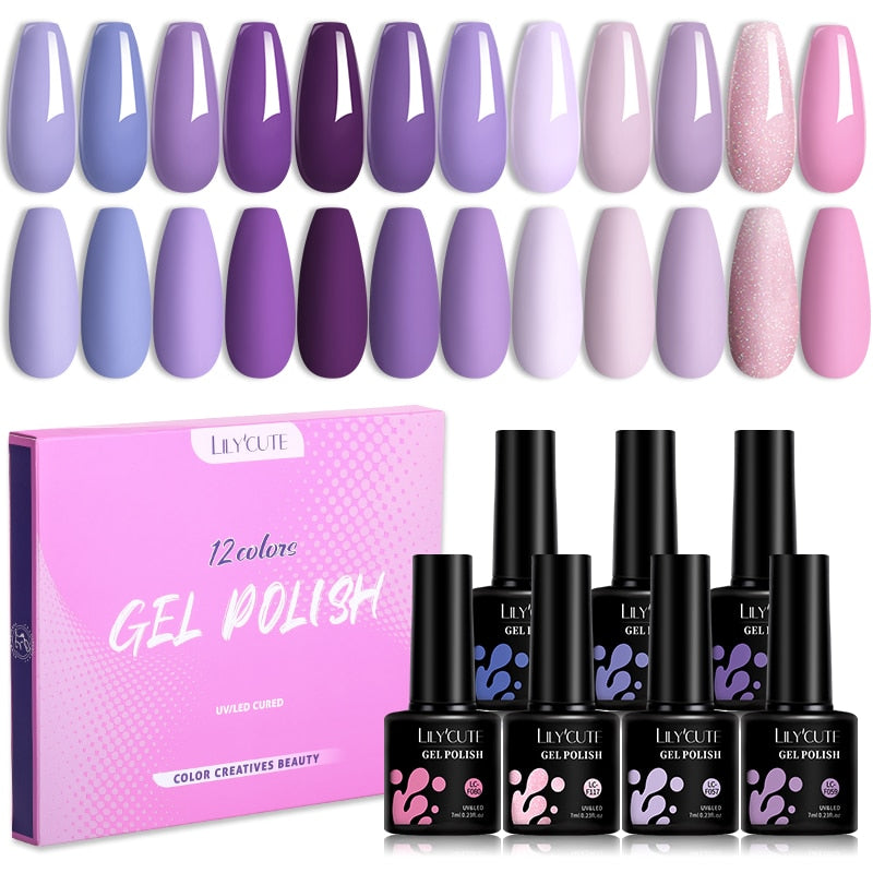 LILYCUTE 12PCs 7ml Spring Macaron Nail Gel Polish Set Semi Permanent UV Gel For Manicure Soak Off Gel Nail Polish Kit Varnishes 56348-1
