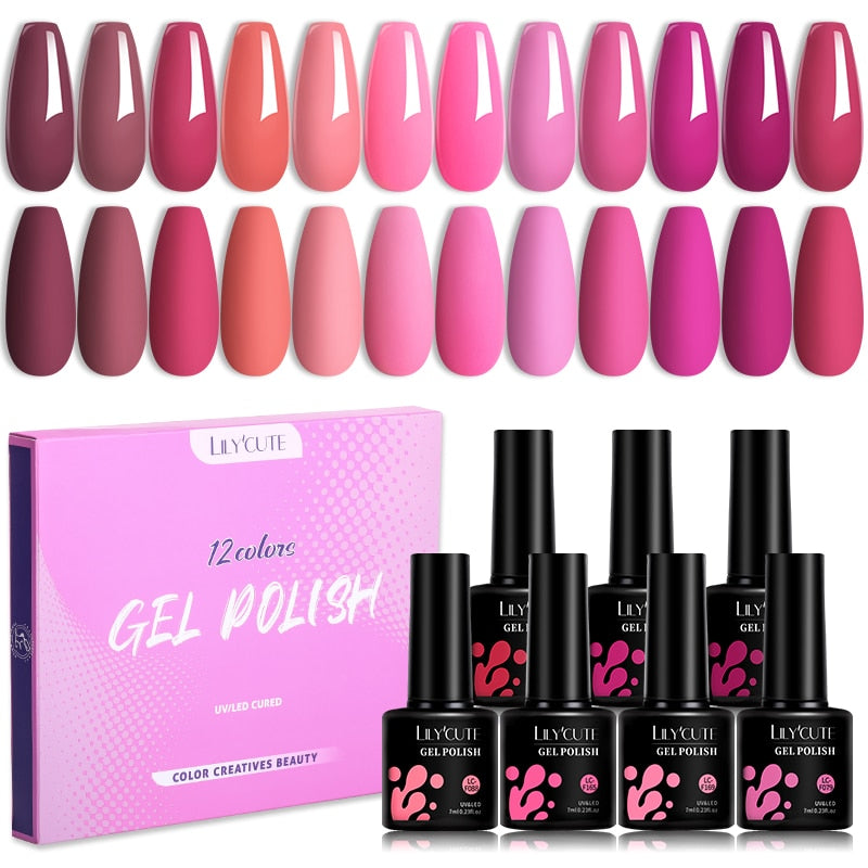 LILYCUTE 12PCs 7ml Spring Macaron Nail Gel Polish Set Semi Permanent UV Gel For Manicure Soak Off Gel Nail Polish Kit Varnishes 56874-1