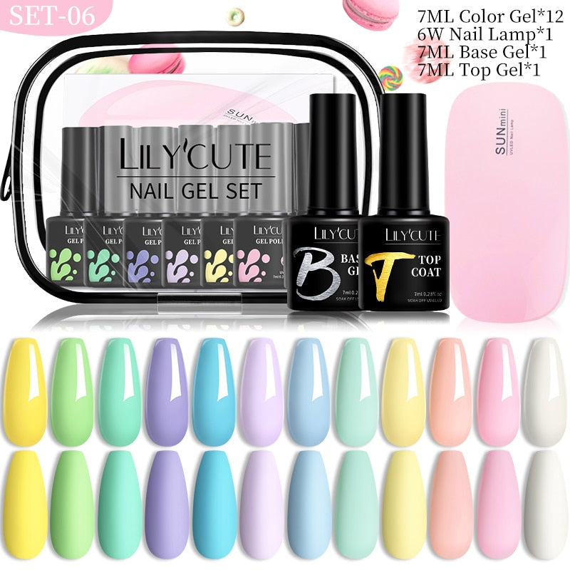 LILYCUTE 12PCs 7ml Spring Macaron Nail Gel Polish Set Semi Permanent UV Gel For Manicure Soak Off Gel Nail Polish Kit Varnishes 56060-6