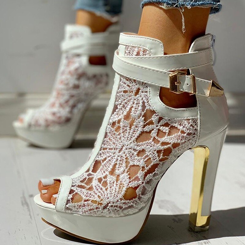 Lace High Heels New Women Belt Buckle High Heels Peep Toe Hollow Platform Sandals Summer Party Boot Large Size Women Shoes