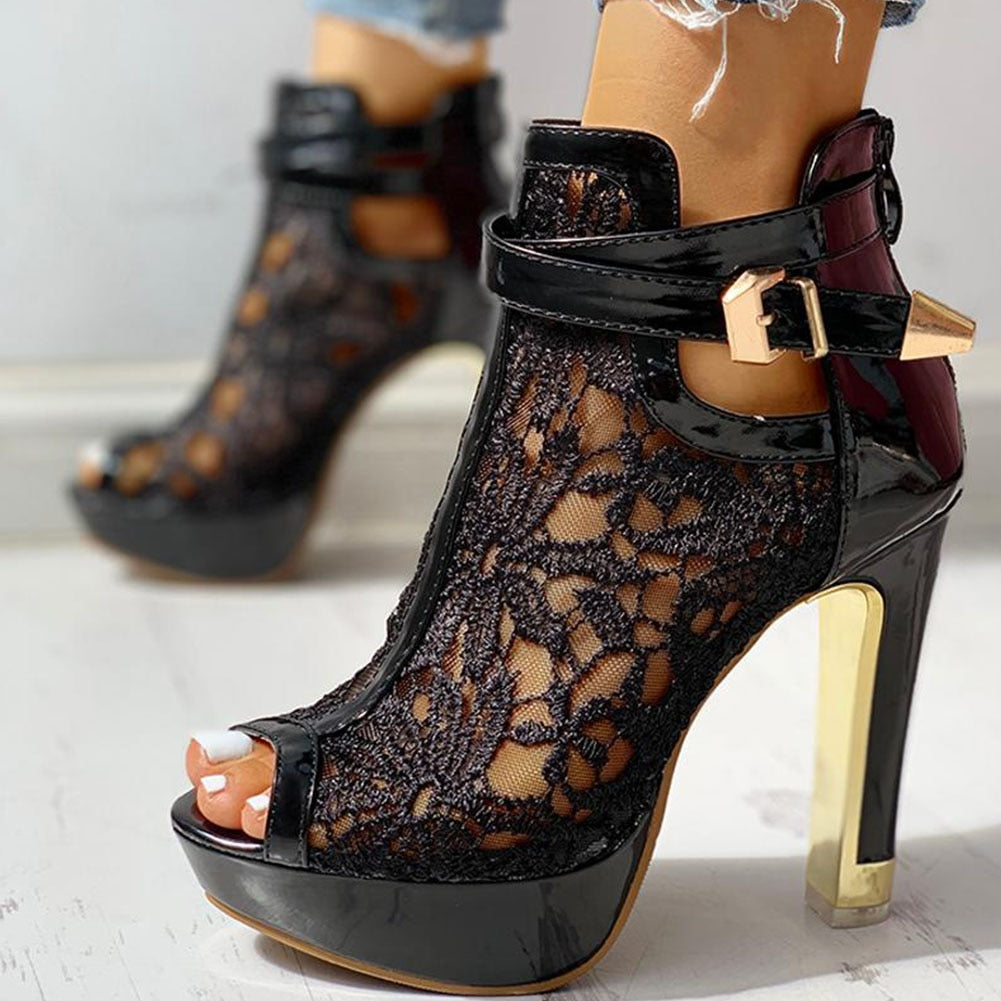 Lace High Heels New Women Belt Buckle High Heels Peep Toe Hollow Platform Sandals Summer Party Boot Large Size Women Shoes Black