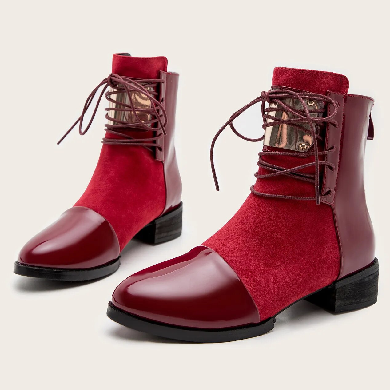 Lace Up Chunky Heel Women's Boots 2024 Autumn Winter Zipper Ankle Boots for Women Leather Splicing Flat Boots Women Chelsea