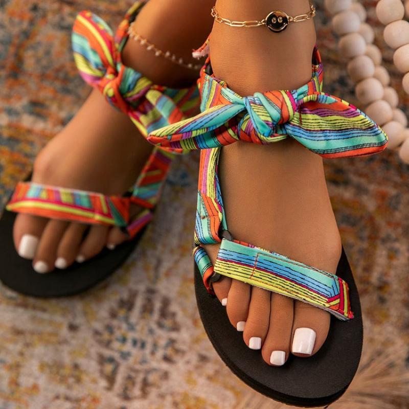 Ladies Flat Sandals Lace Up Bow Platform Shoes for Women 2024 New Summer Fashion Casual Comfy Outdoor Beach Leopard Sandalias